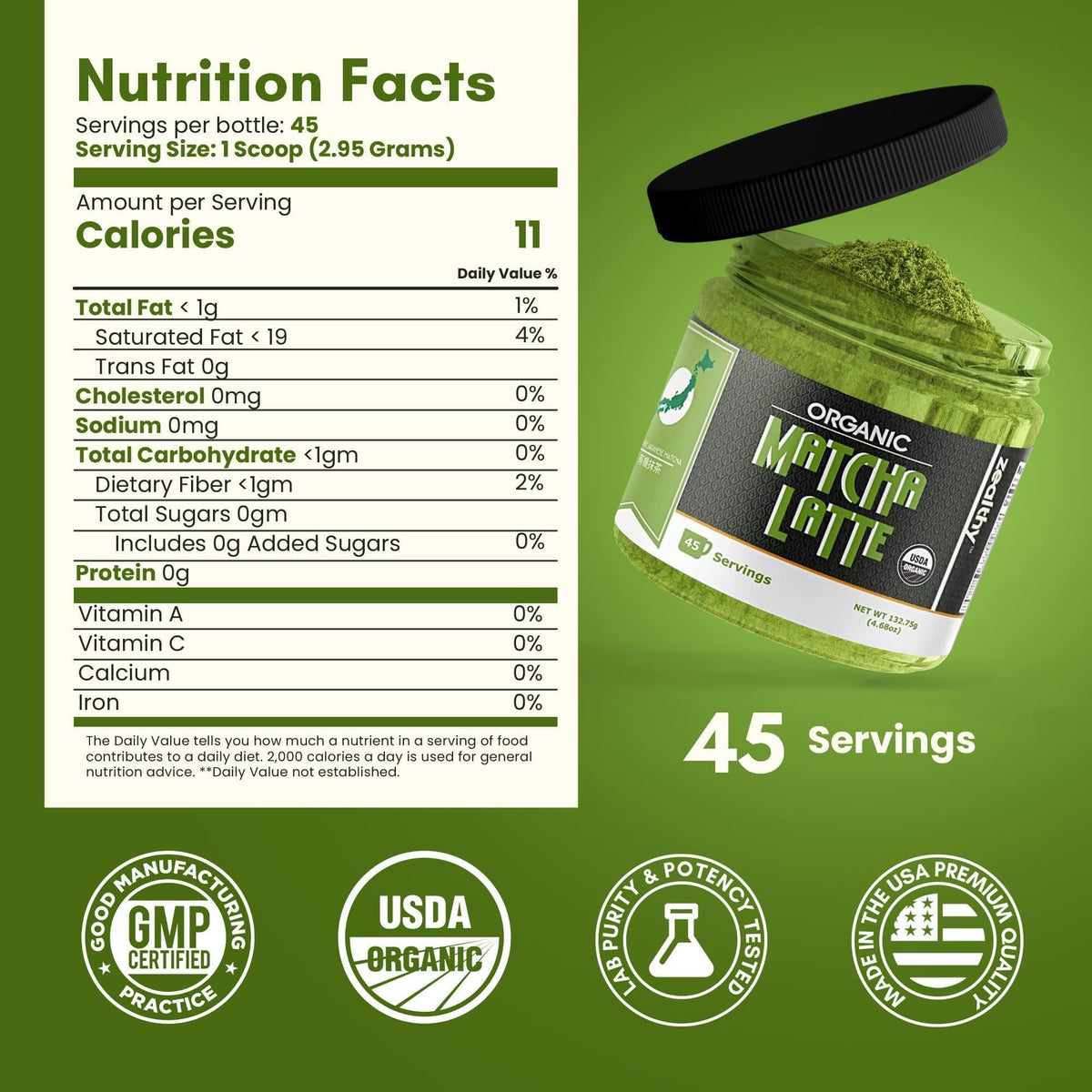 Organic Matcha Latte Pure Japanese Tea Blend with Ashwagandha Vanilla 4.68 oz